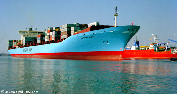 SOVEREIGN MAERSK (1997/92198grt/IMO 9120841. Renamed MSC DOMNA X), maiden visit, Southampton, England. 22 September 1997. Photo by SeapixOnline.com